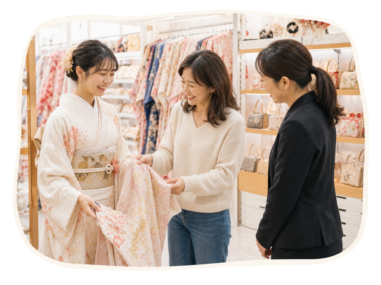 振袖姿の娘と母親がスタッフに相談する様子